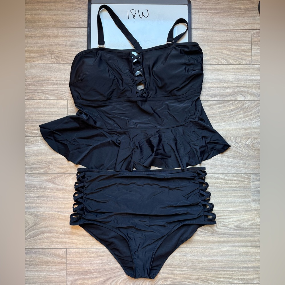 Black Peplum Two Piece Swimsuit with high waist bottoms 18W